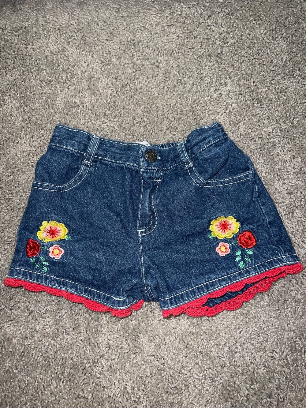 VINTAGE 90s Girls Denim Shorts with Floral Embroidery and Red Trim
